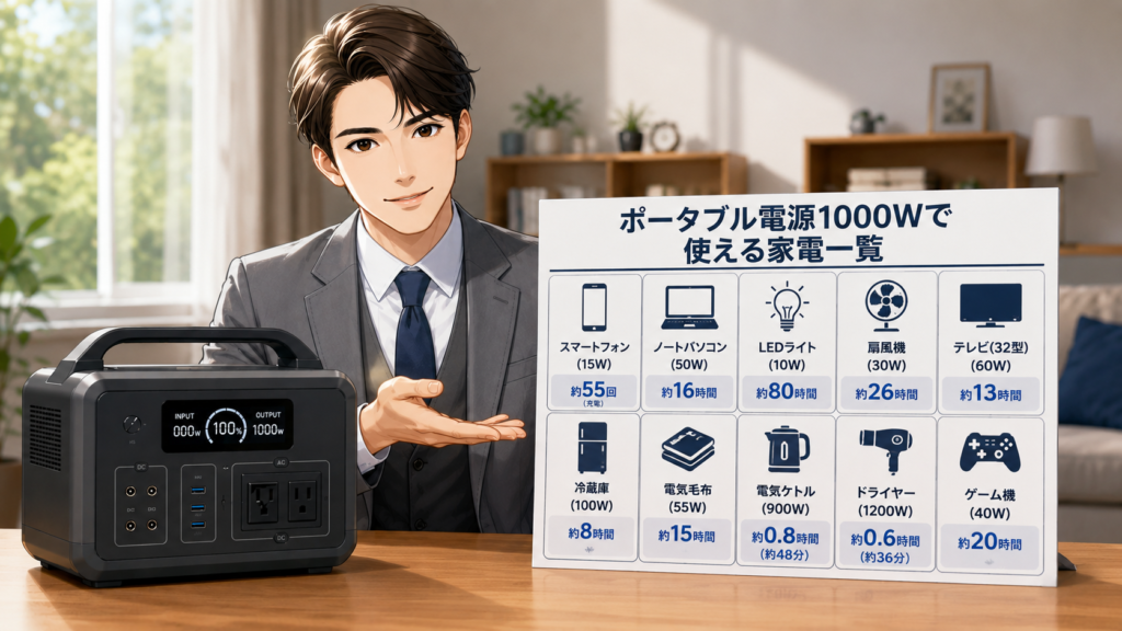 ポータブル電源1000Wで使える家電一覧